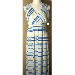 NEW Size M Kim Rogers Blue Palm Springs Stripe V-neck Stretch Pleated Maxi Dress